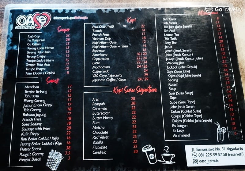 menu Oase Cafe and Resto Yogyakarta