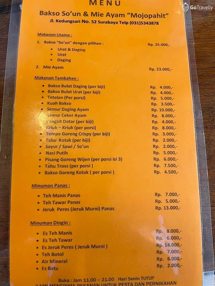 menu Bakso So'un & Mie Ayam Mojopahit